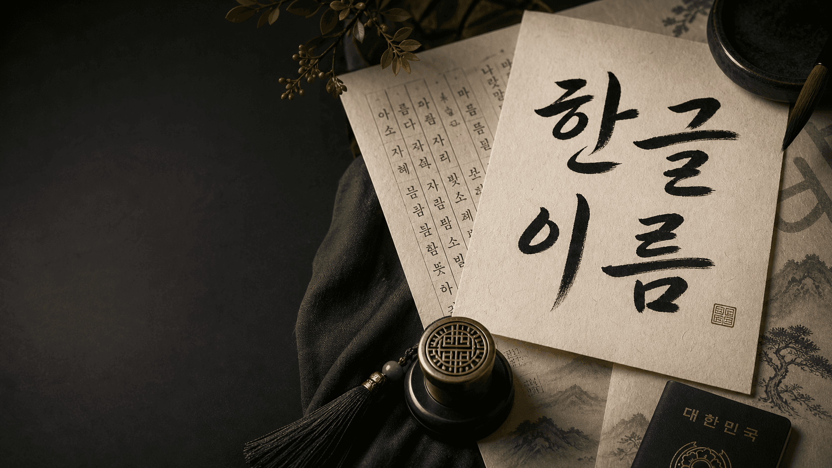 Korean calligraphy, name seal, passport, and keepsake card on a refined desk