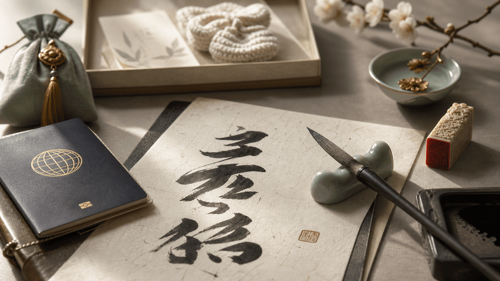 Korean calligraphy, name seal, passport, and keepsake card on a refined desk